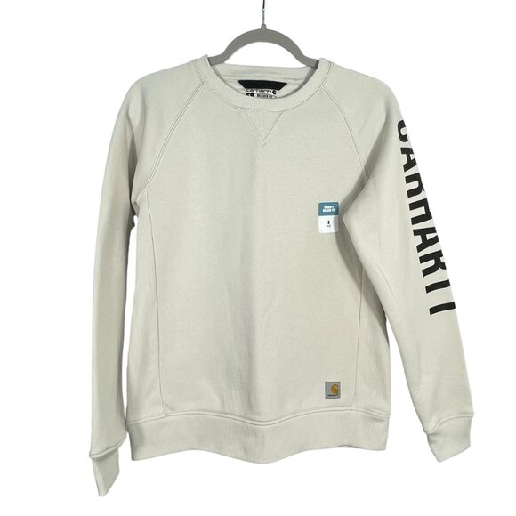 NWOT Carhartt White Relaxed Fit Crewneck Graphic Block‎ Logo Sweatshirt Womens S - Picture 1 of 12
